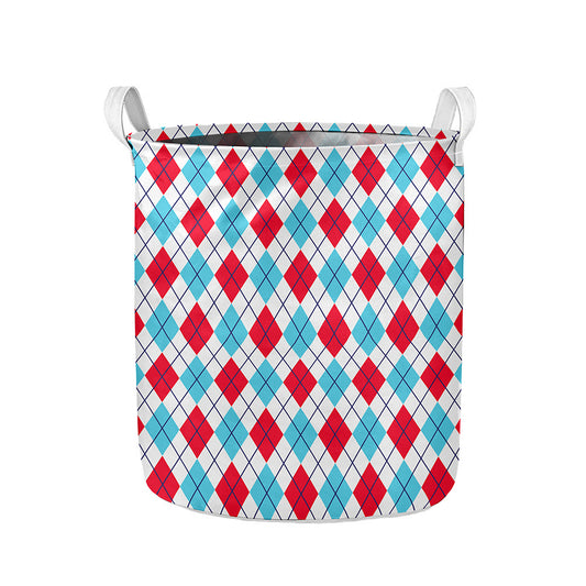 White Red And Blue Argyle Pattern Print Collapsible Laundry Basket