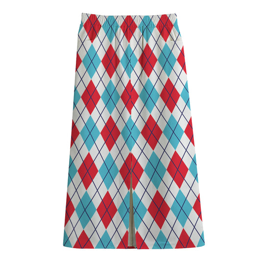 White Red And Blue Argyle Pattern Print Cotton Front Slit Maxi Skirt
