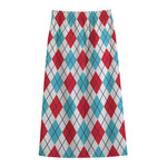 White Red And Blue Argyle Pattern Print Cotton Front Slit Maxi Skirt