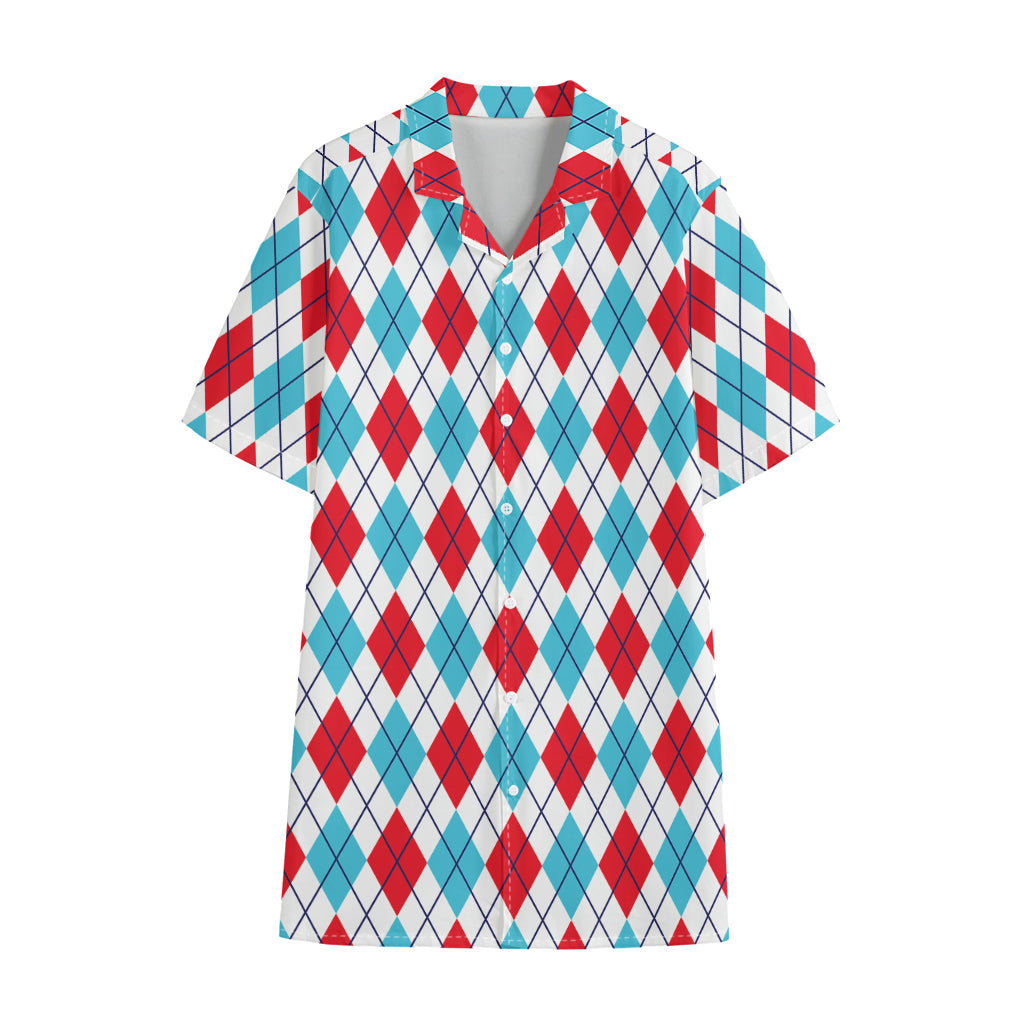 White Red And Blue Argyle Pattern Print Cotton Hawaiian Shirt