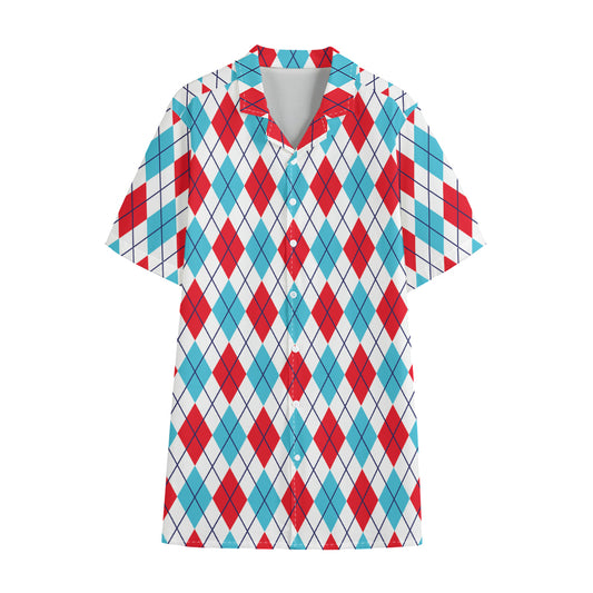 White Red And Blue Argyle Pattern Print Cotton Hawaiian Shirt
