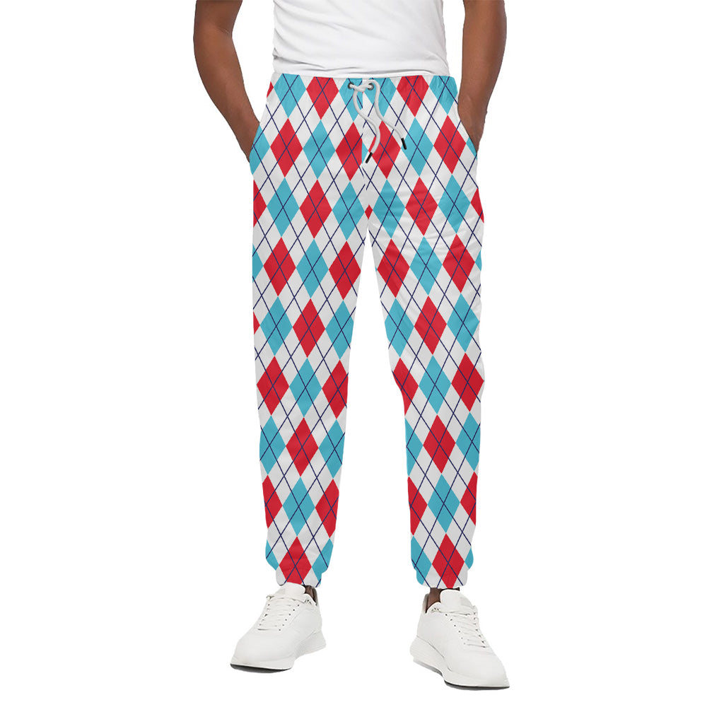 White Red And Blue Argyle Pattern Print Cotton Pants