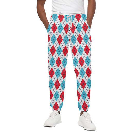 White Red And Blue Argyle Pattern Print Cotton Pants
