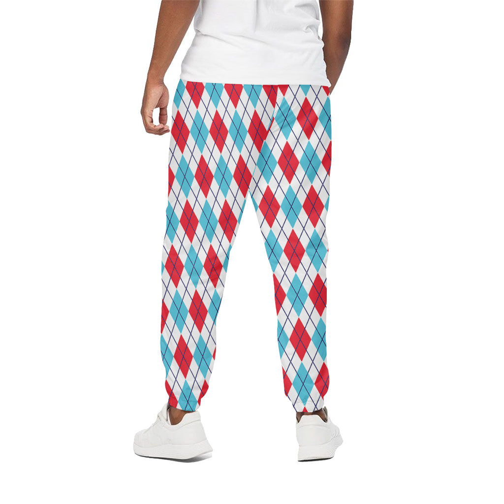White Red And Blue Argyle Pattern Print Cotton Pants