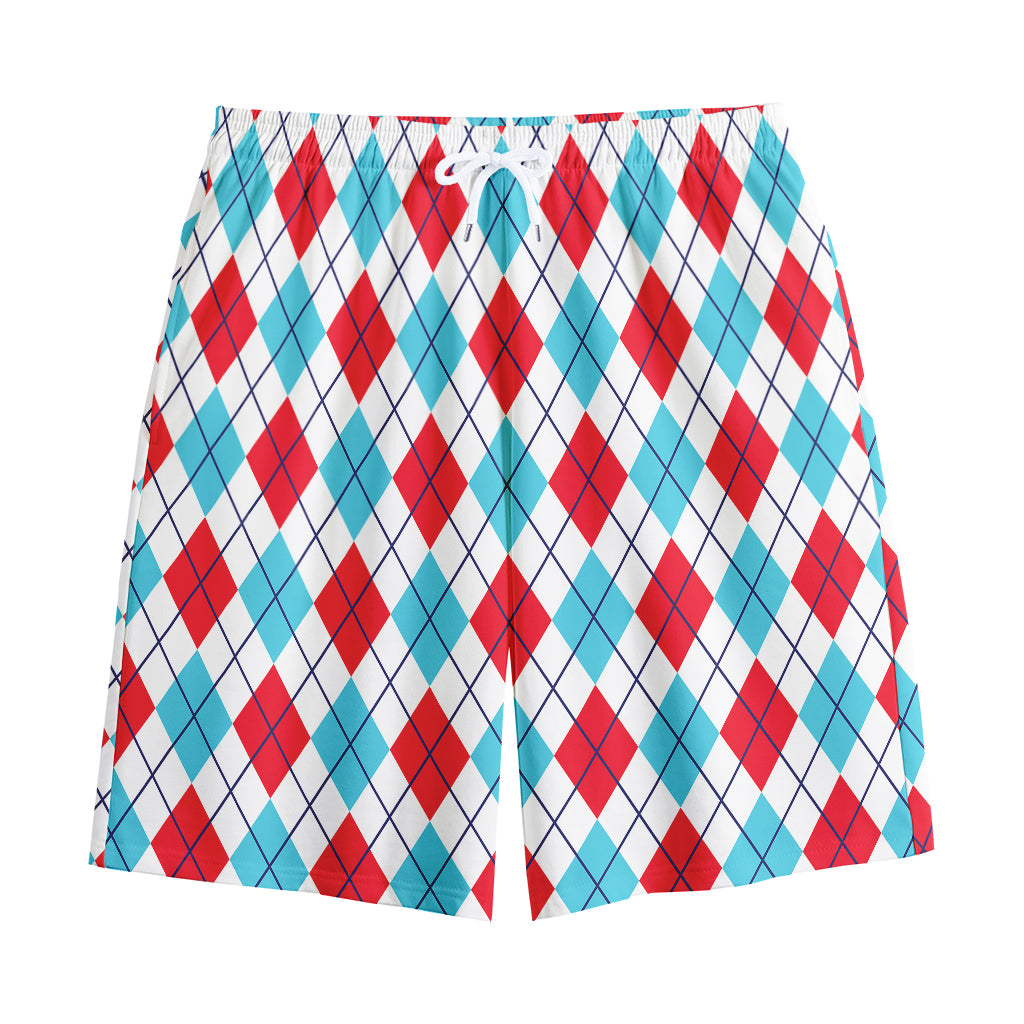 White Red And Blue Argyle Pattern Print Cotton Shorts
