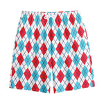 White Red And Blue Argyle Pattern Print Cotton Shorts