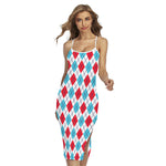 White Red And Blue Argyle Pattern Print Cross Back Cami Dress