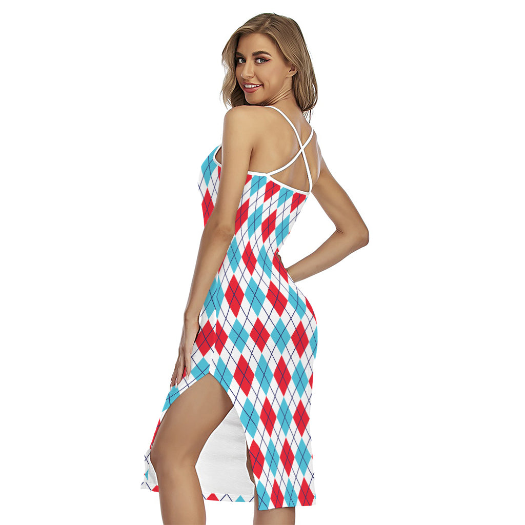 White Red And Blue Argyle Pattern Print Cross Back Cami Dress