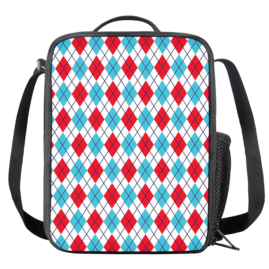 White Red And Blue Argyle Pattern Print Crossbody Lunch Bag