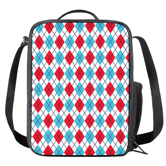 White Red And Blue Argyle Pattern Print Crossbody Lunch Bag