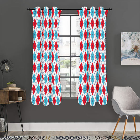 White Red And Blue Argyle Pattern Print Curtain