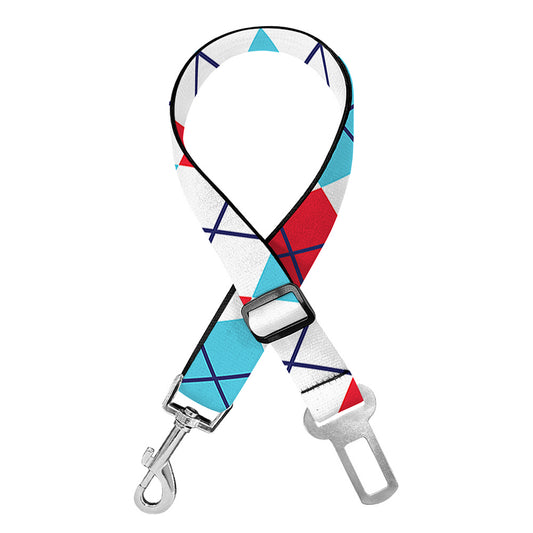 White Red And Blue Argyle Pattern Print Dog Seat Belt