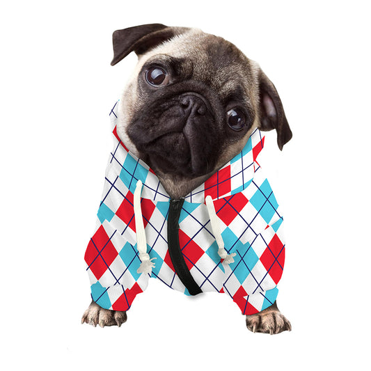 White Red And Blue Argyle Pattern Print Dog Zip Up Hoodie