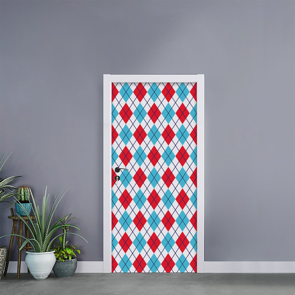 White Red And Blue Argyle Pattern Print Door Sticker