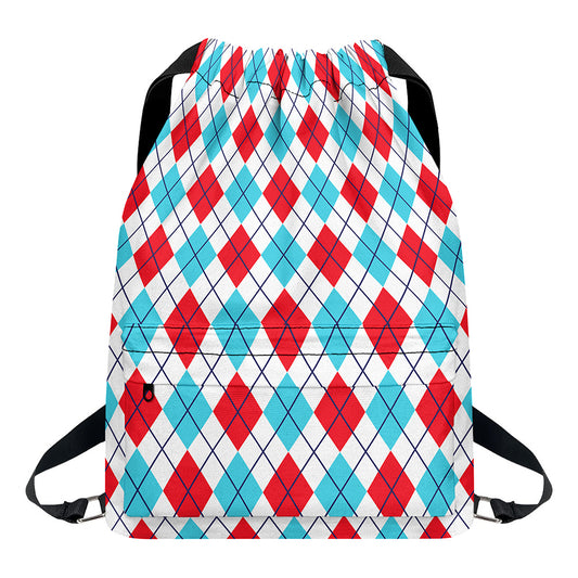 White Red And Blue Argyle Pattern Print Drawstring Backpack