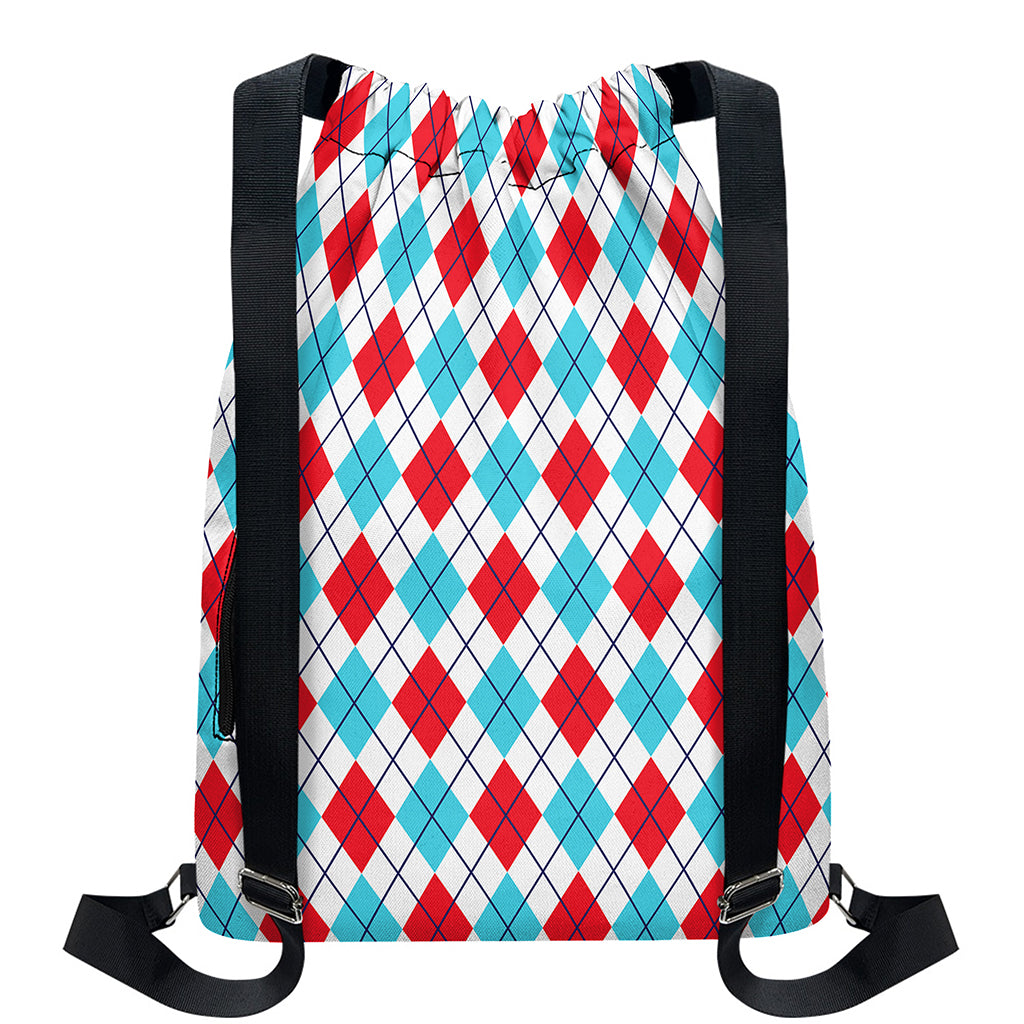 White Red And Blue Argyle Pattern Print Drawstring Backpack