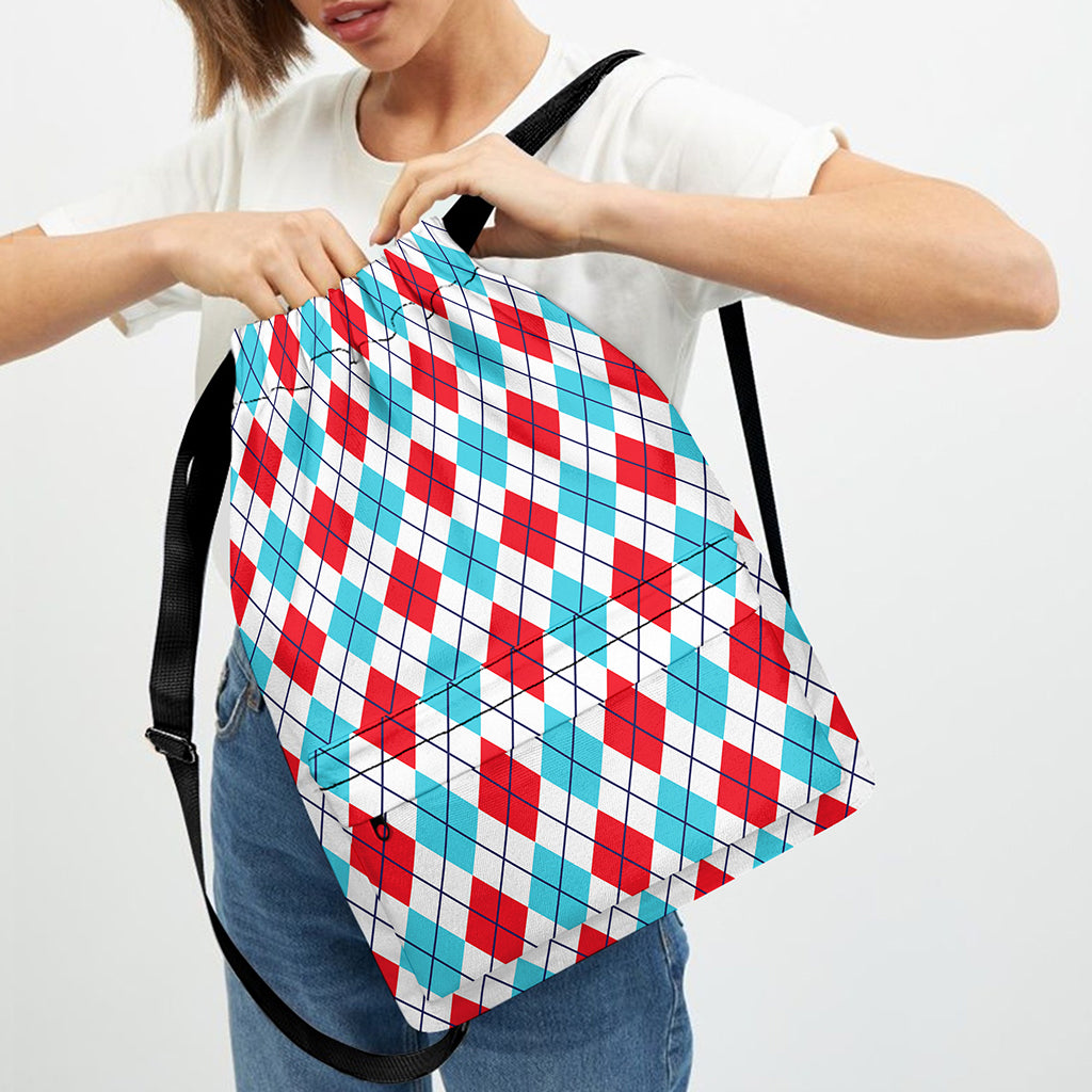 White Red And Blue Argyle Pattern Print Drawstring Backpack