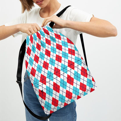 White Red And Blue Argyle Pattern Print Drawstring Backpack
