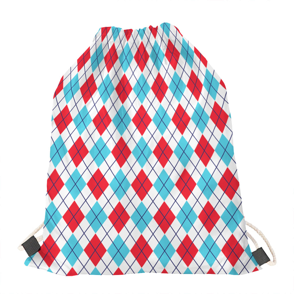 White Red And Blue Argyle Pattern Print Drawstring Bag