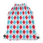White Red And Blue Argyle Pattern Print Drawstring Bag