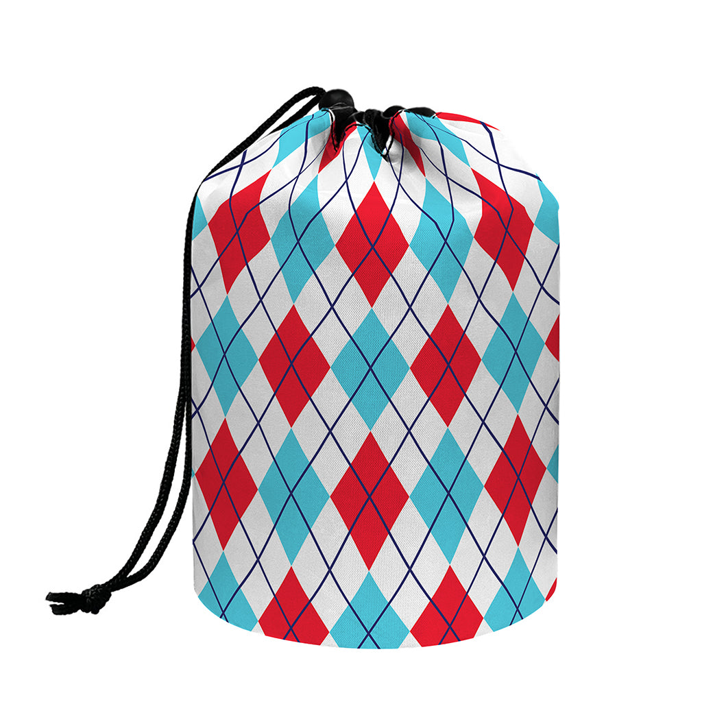 White Red And Blue Argyle Pattern Print Drawstring Makeup Bag