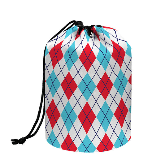 White Red And Blue Argyle Pattern Print Drawstring Makeup Bag