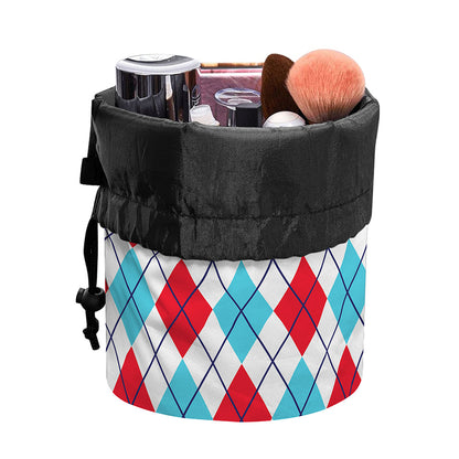 White Red And Blue Argyle Pattern Print Drawstring Makeup Bag