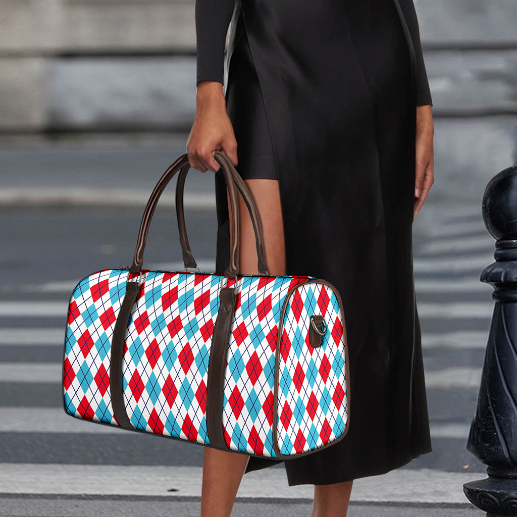 White Red And Blue Argyle Pattern Print Duffle Bag