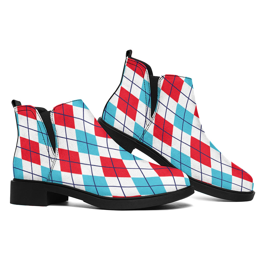 White Red And Blue Argyle Pattern Print Flat Ankle Boots