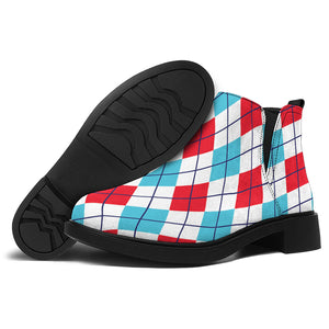 White Red And Blue Argyle Pattern Print Flat Ankle Boots