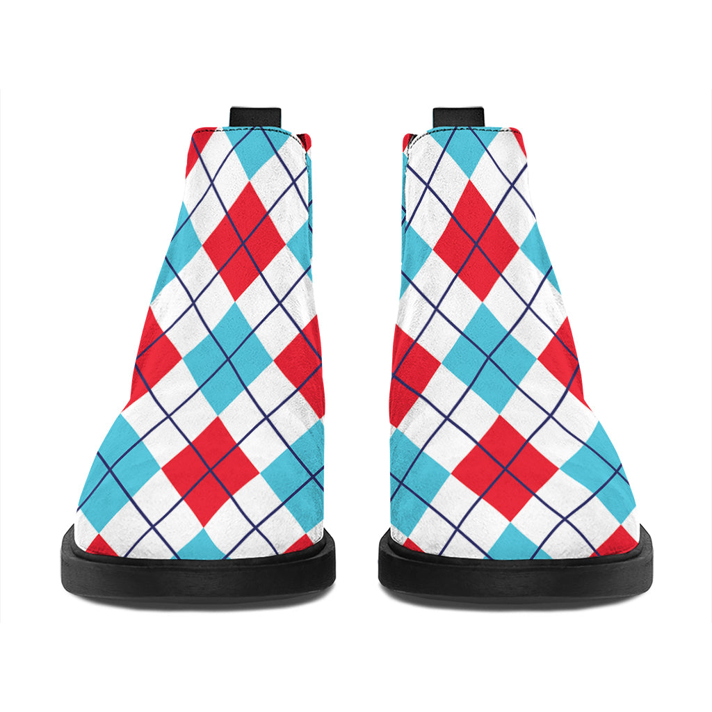 White Red And Blue Argyle Pattern Print Flat Ankle Boots