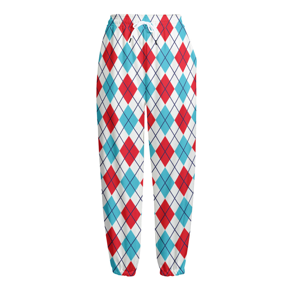 White Red And Blue Argyle Pattern Print Fleece Lined Knit Pants