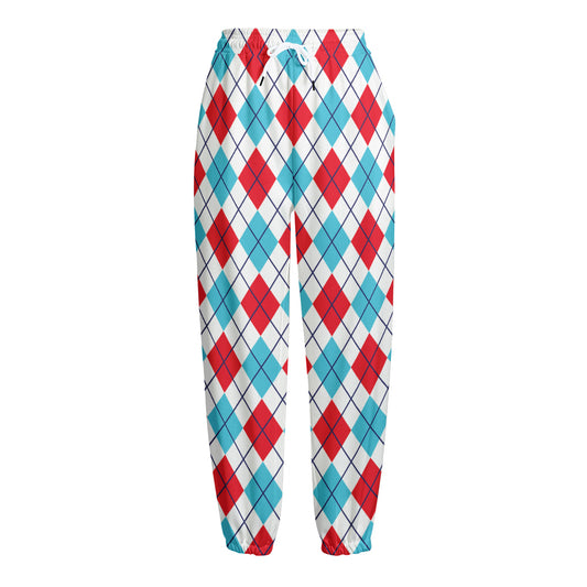White Red And Blue Argyle Pattern Print Fleece Lined Knit Pants