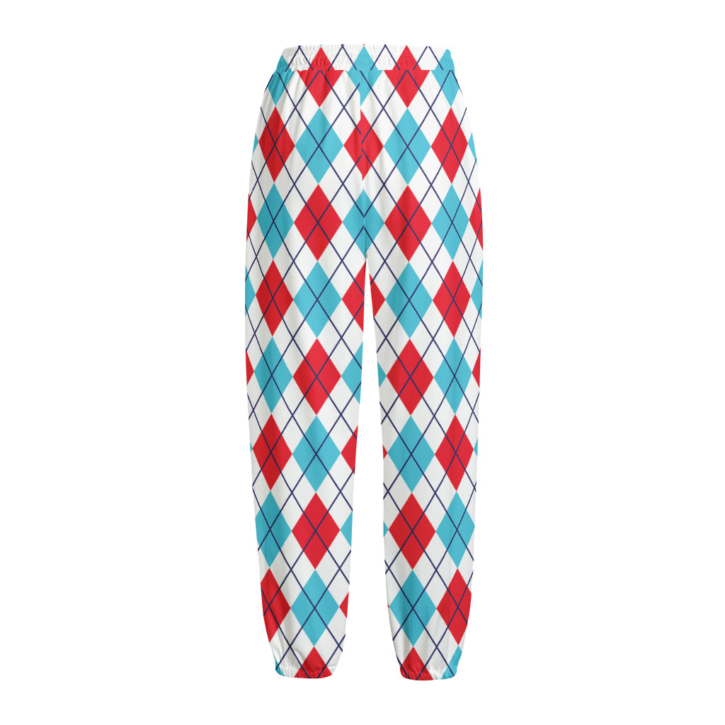 White Red And Blue Argyle Pattern Print Fleece Lined Knit Pants