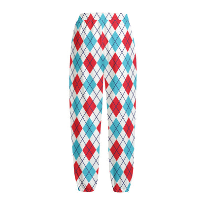 White Red And Blue Argyle Pattern Print Fleece Lined Knit Pants