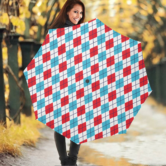 White Red And Blue Argyle Pattern Print Foldable Umbrella