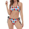 White Red And Blue Argyle Pattern Print Halter Scoop Tie Side Bikini