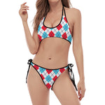 White Red And Blue Argyle Pattern Print Halter Scoop Tie Side Bikini