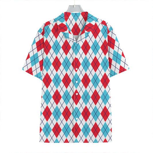 White Red And Blue Argyle Pattern Print Hawaiian Shirt