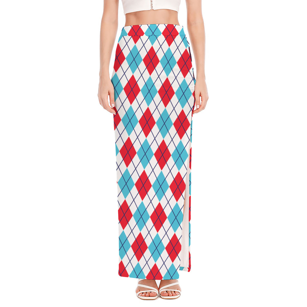 White Red And Blue Argyle Pattern Print High Slit Maxi Skirt