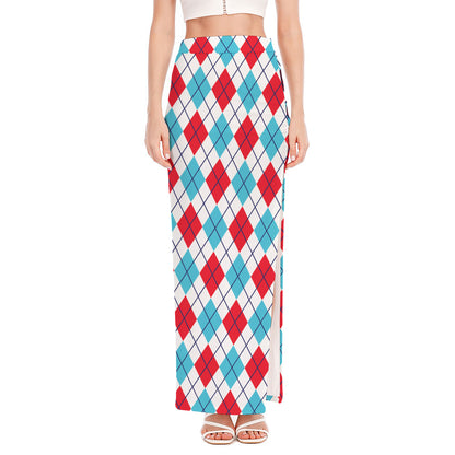 White Red And Blue Argyle Pattern Print High Slit Maxi Skirt