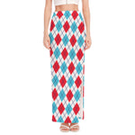 White Red And Blue Argyle Pattern Print High Slit Maxi Skirt