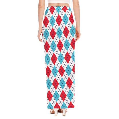 White Red And Blue Argyle Pattern Print High Slit Maxi Skirt
