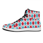 White Red And Blue Argyle Pattern Print High Top Leather Sneakers