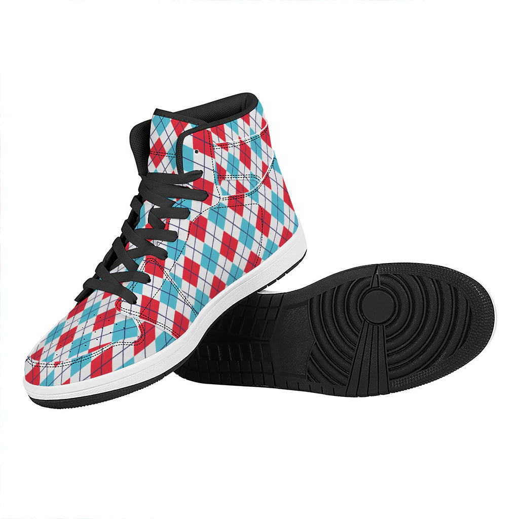 White Red And Blue Argyle Pattern Print High Top Leather Sneakers