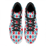 White Red And Blue Argyle Pattern Print High Top Leather Sneakers