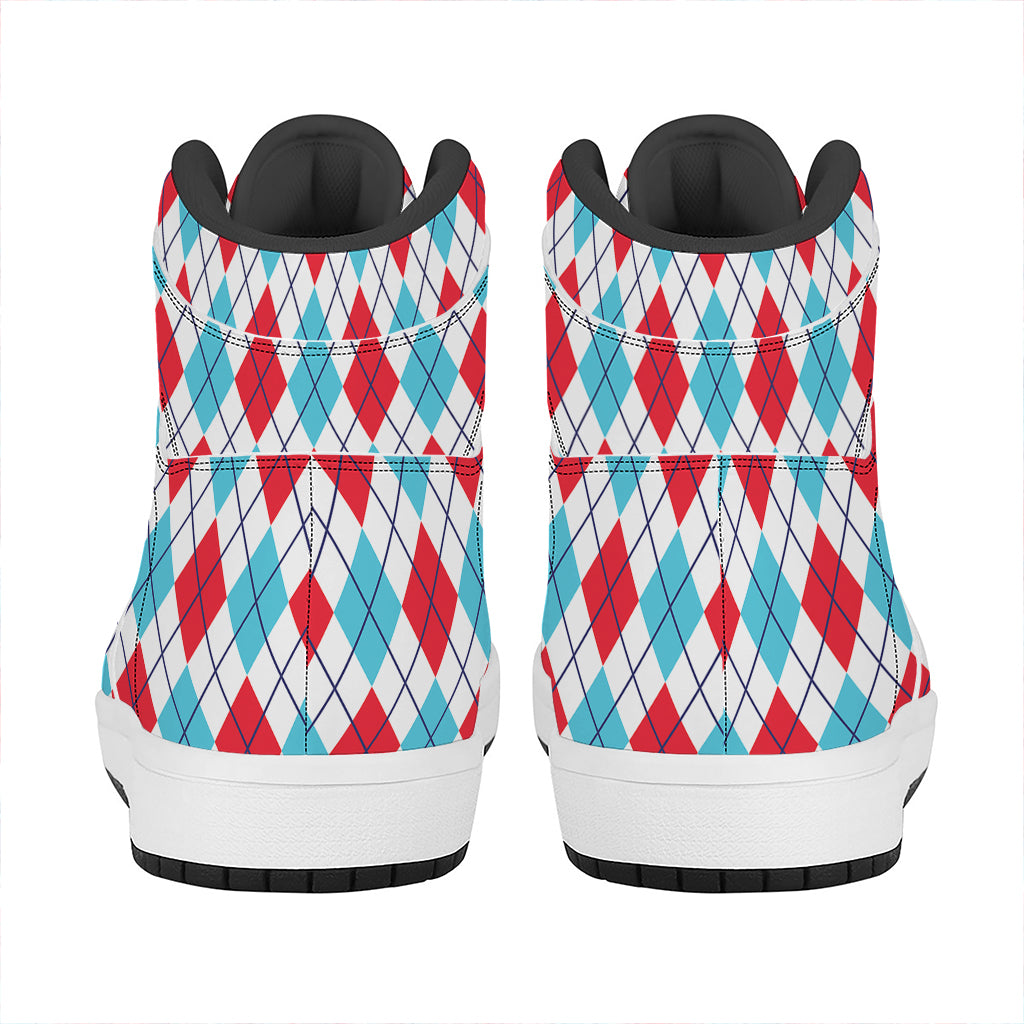 White Red And Blue Argyle Pattern Print High Top Leather Sneakers