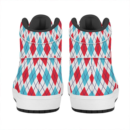 White Red And Blue Argyle Pattern Print High Top Leather Sneakers