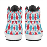 White Red And Blue Argyle Pattern Print High Top Leather Sneakers