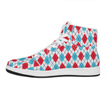 White Red And Blue Argyle Pattern Print High Top Leather Sneakers